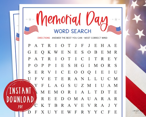 Memorial Day Word Search Game Printable Memorial Day Party - Etsy