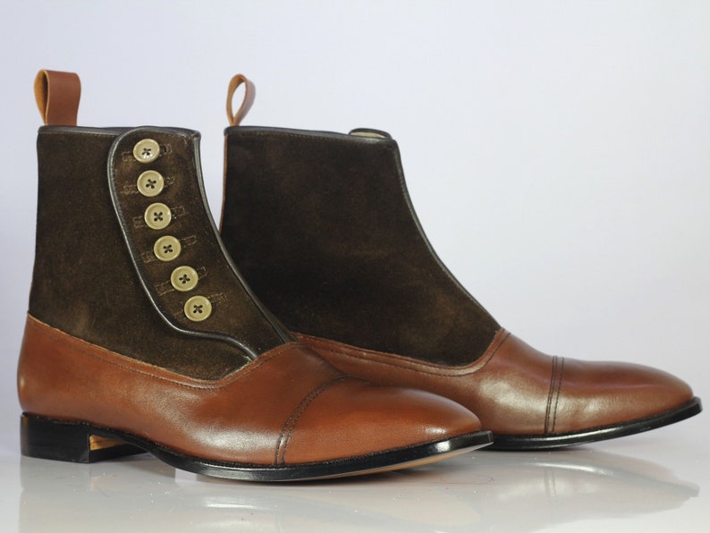 Buy Edwardian Men’s Shoes & Boots | 1900, 1910s     Men Handmade Brown Leather Suede Button Boots Men’s Cap Toe Formal Boots mens boot $144.99 AT vintagedancer.com