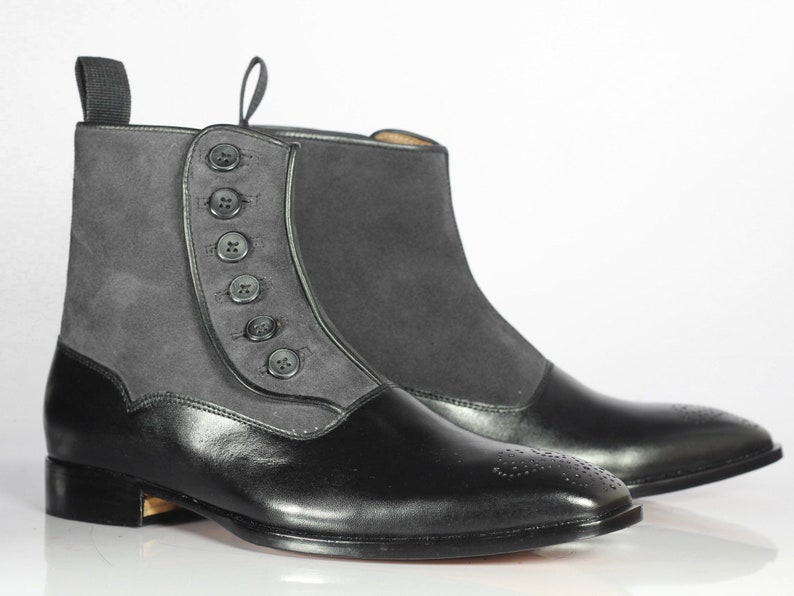 Buy Edwardian Men’s Shoes & Boots | 1900, 1910s     Mens Handmade Black & Grey Leather Suede Boots Men’s Cap Toe Button Boots $144.99 AT vintagedancer.com