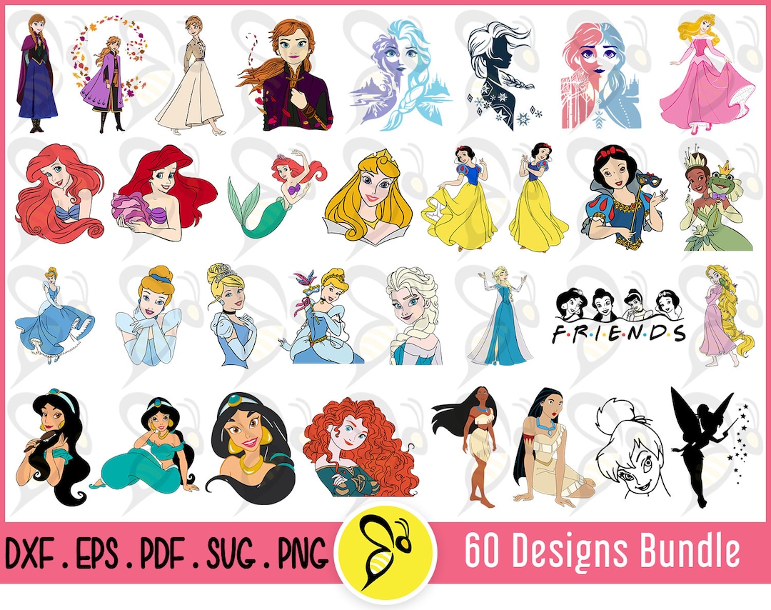 60 Princess Vector Art Designs Bundle Princess Anna, Elsa, Ariel ...