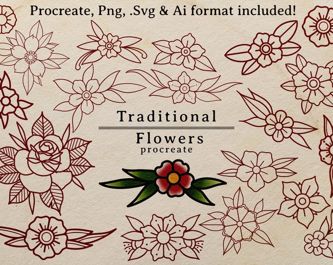 100 tattoo inspired flowers drawn by hand - .svg .png .ai & Procreate format included