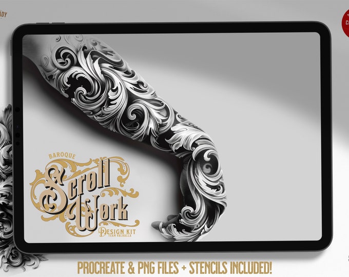 Baroque Scroll Work, custom made design kit, Png + Procreate, Stencils included! free to use for tattoo work and references!