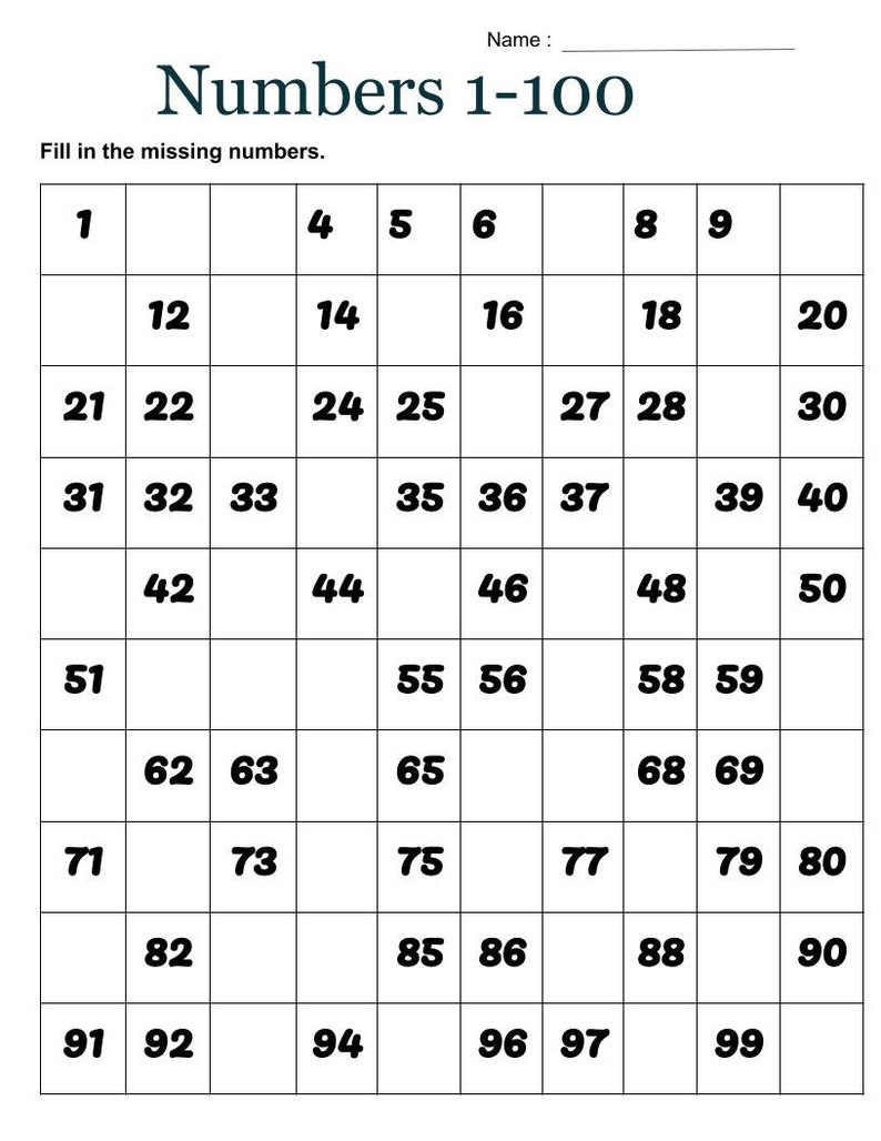 Fill in the Numbers 1-100 Worksheet, Digital, Printable - Etsy Norway