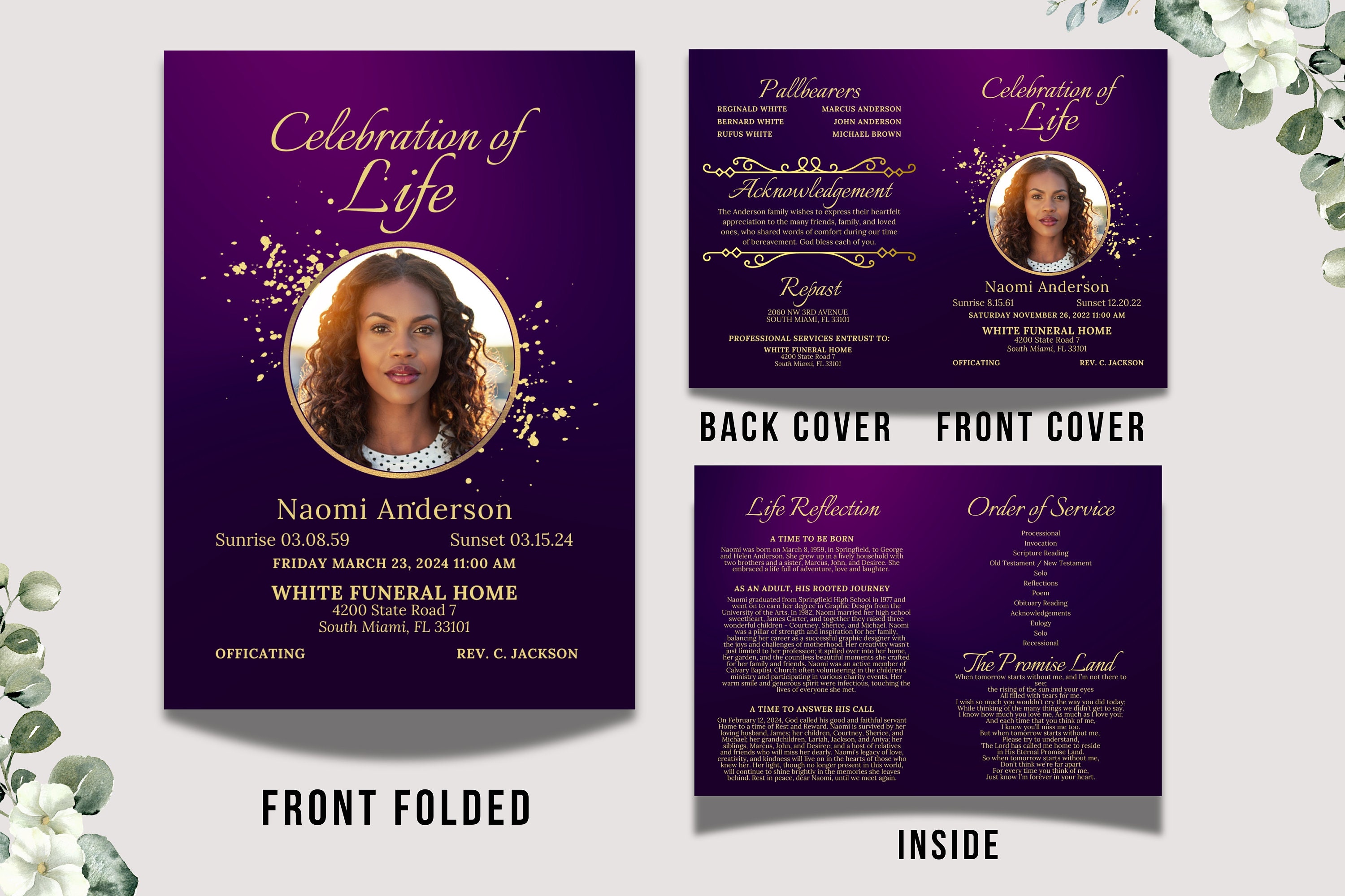 Celebration of Life Folded Memorial Card Template, Purple 4-page ...