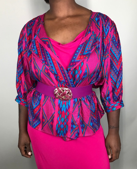 80’s Geometric hot pink & teal Liz Claiborne blous