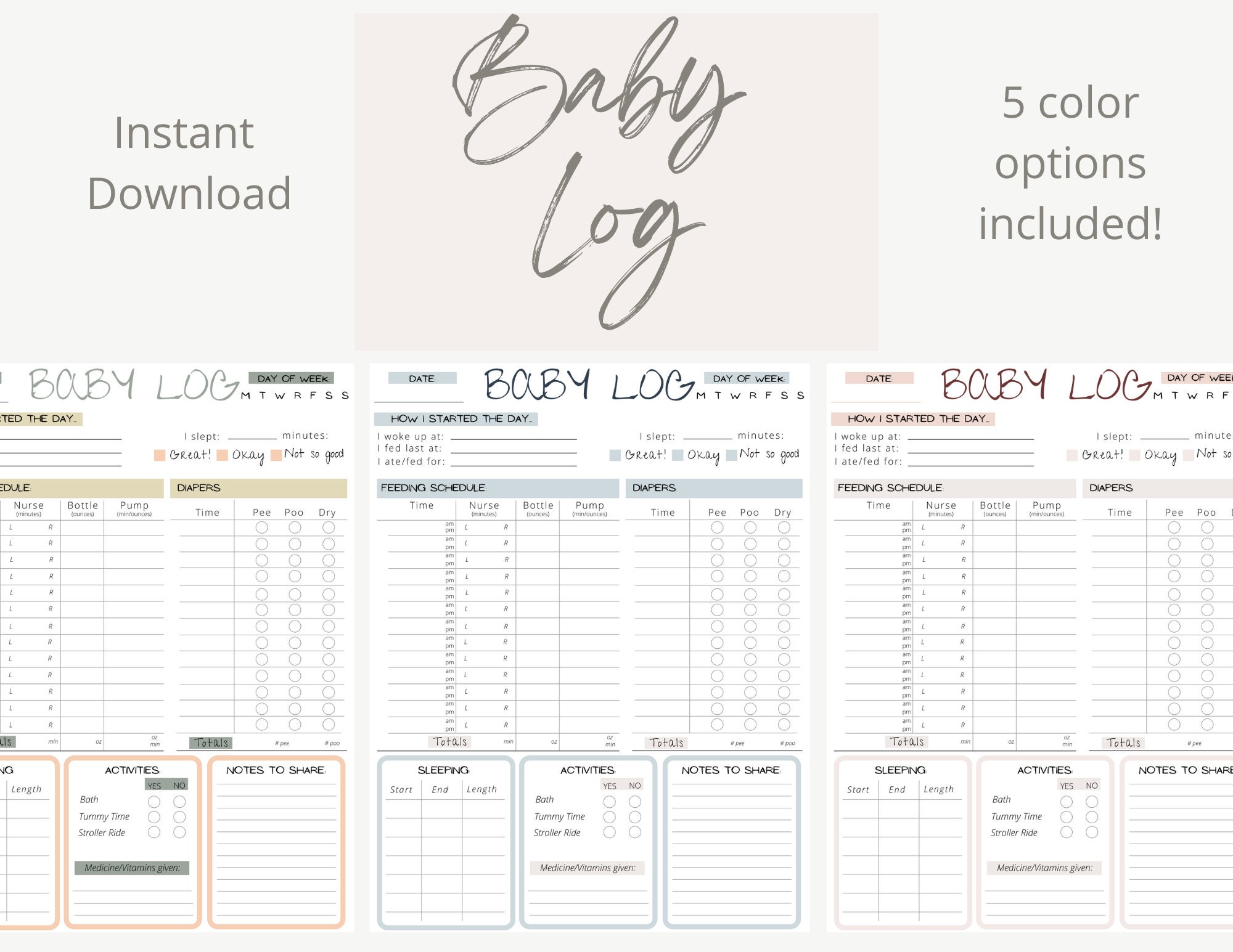 One Page Printable Baby Log Newborn Tracker Nanny Log Babysitter Log ...