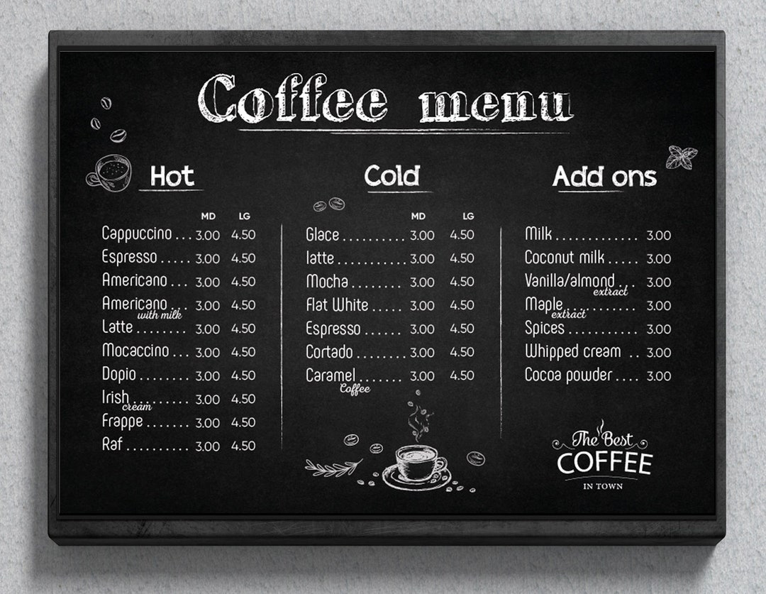 Coffee Menu Template, Drinks Menu, Cafe Menu, Instant Download, Hand ...