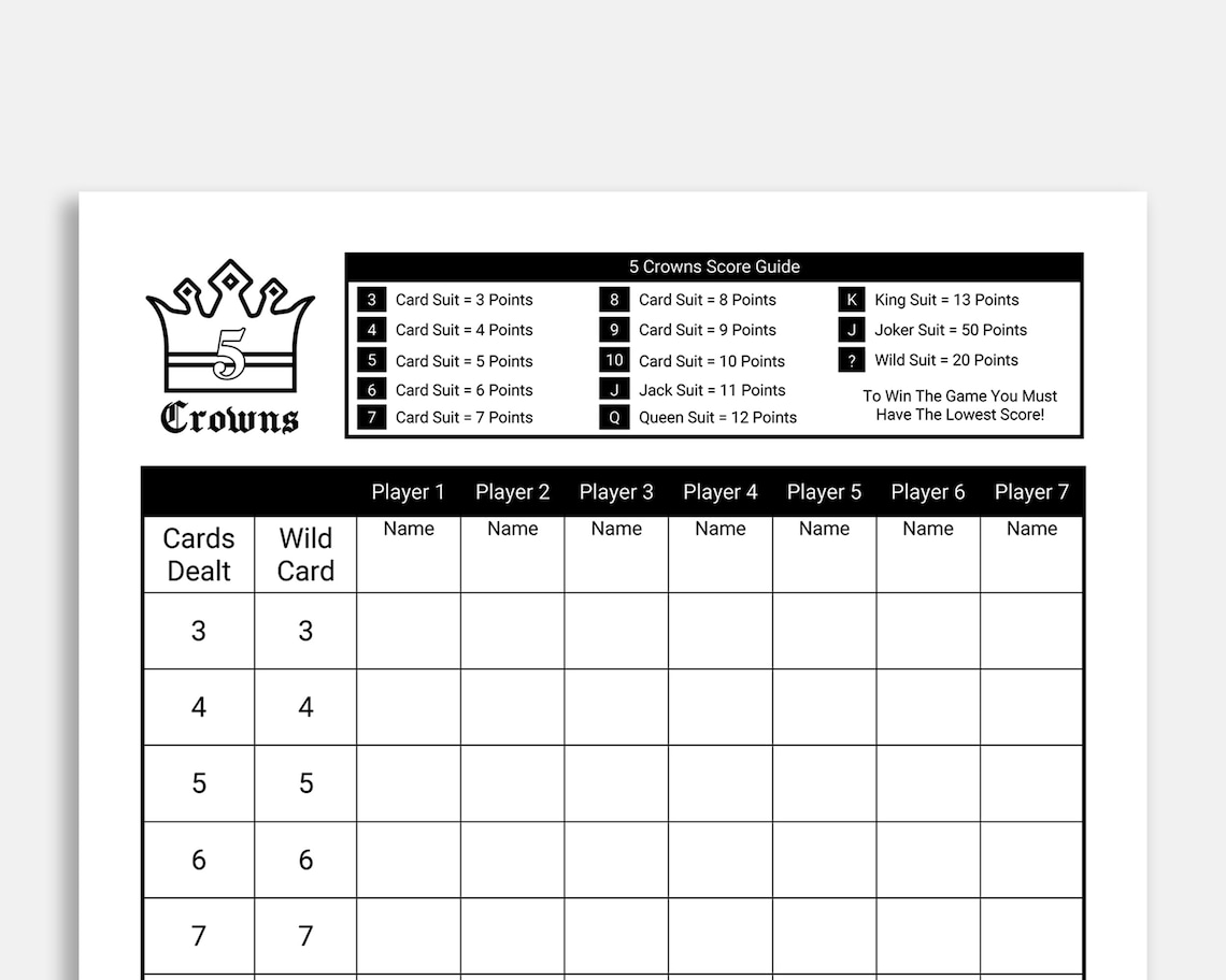 5 Crowns Printable Score Sheet - Printable Calendar Blank