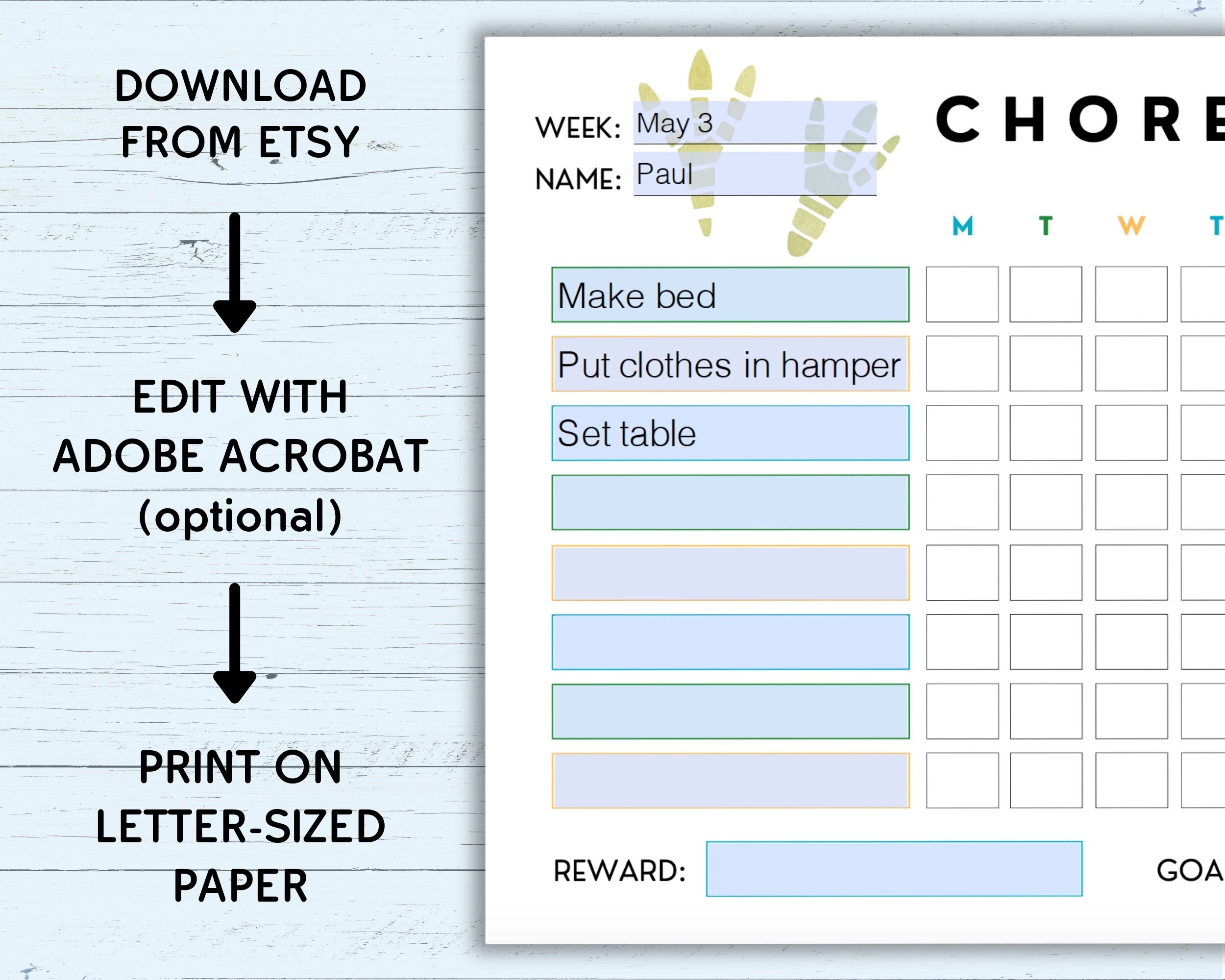 Editable Printable Chore Chart for Kids Blue & Green Design - Etsy