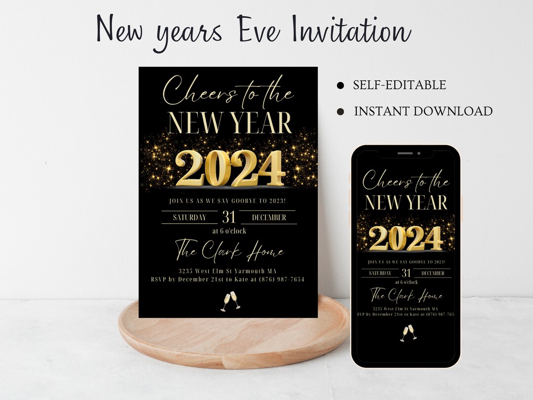 New Years Eve Party Invitation, NYE Party Invitation Template, Black ...