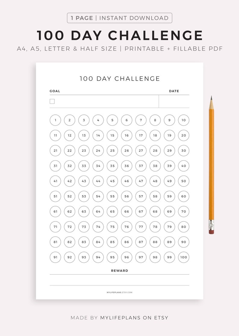 100 Day Challenge Goal Setting Progress Tracker Habit - Etsy