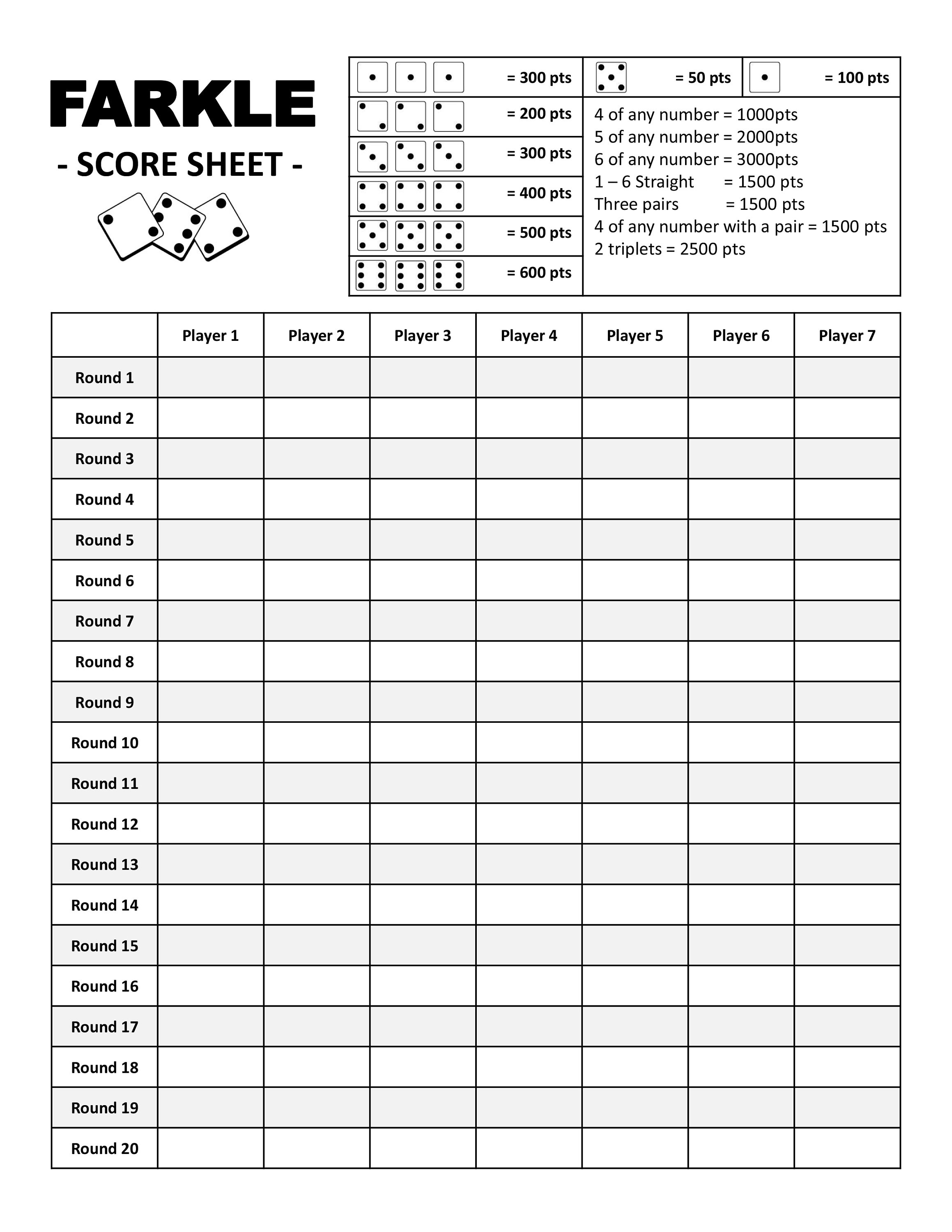 Farkle Score Sheet Printable