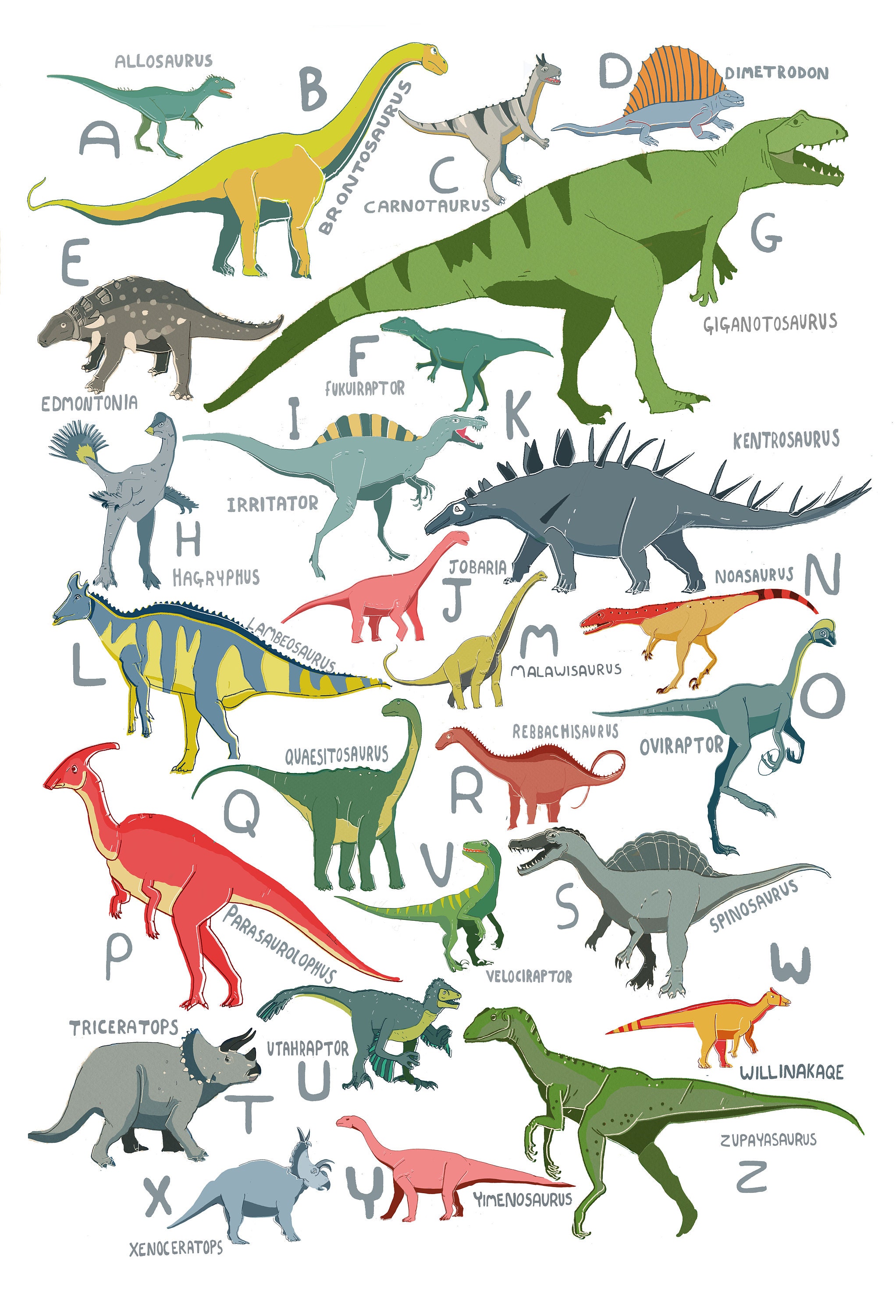 A3 Dinosaur Alphabet Illustrated Print - Etsy