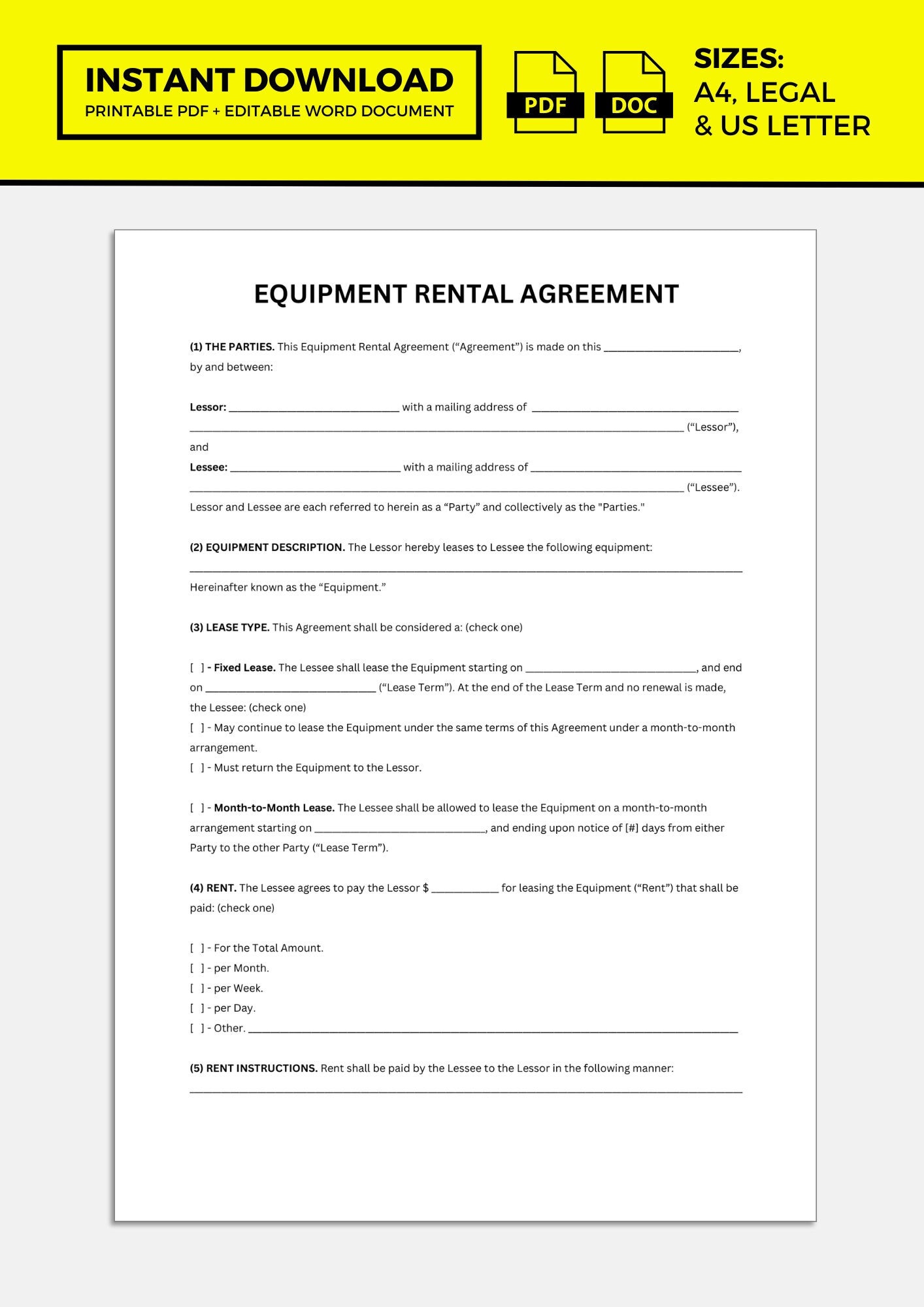 Equipment Rental Agreement Template