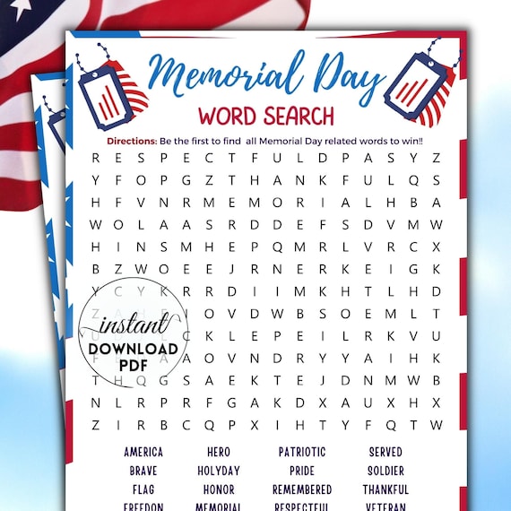 Memorial Day Word Search Printable Family Game Word Search - Etsy