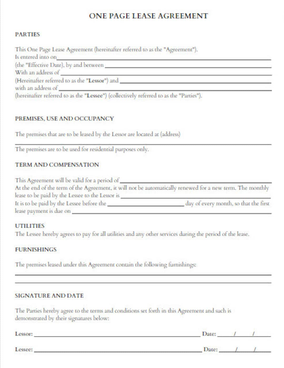 One Page Lease Agreement - Etsy