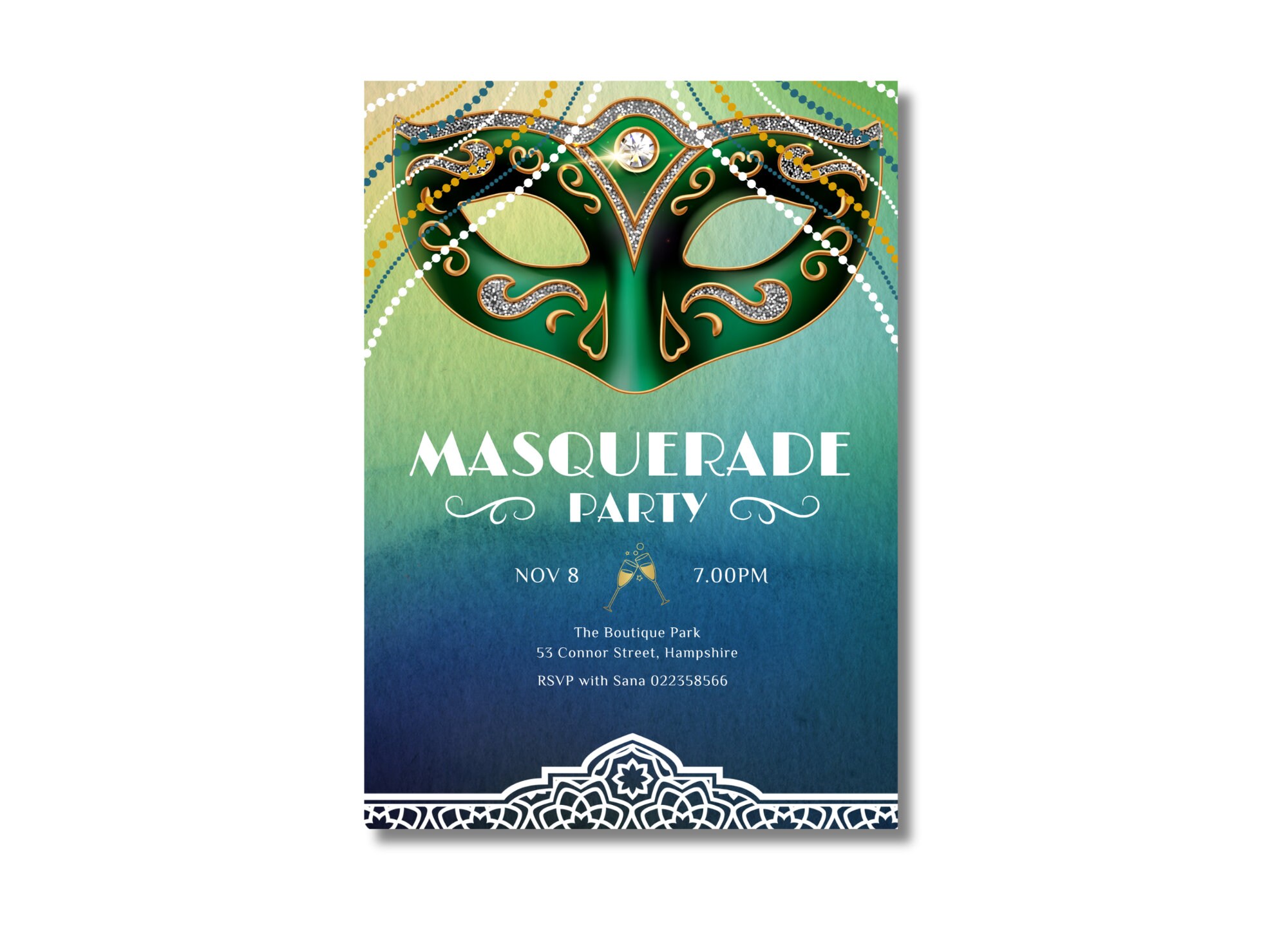 Green Masquerade Party Invite, Elegant Masquerade Ball Invitation ...