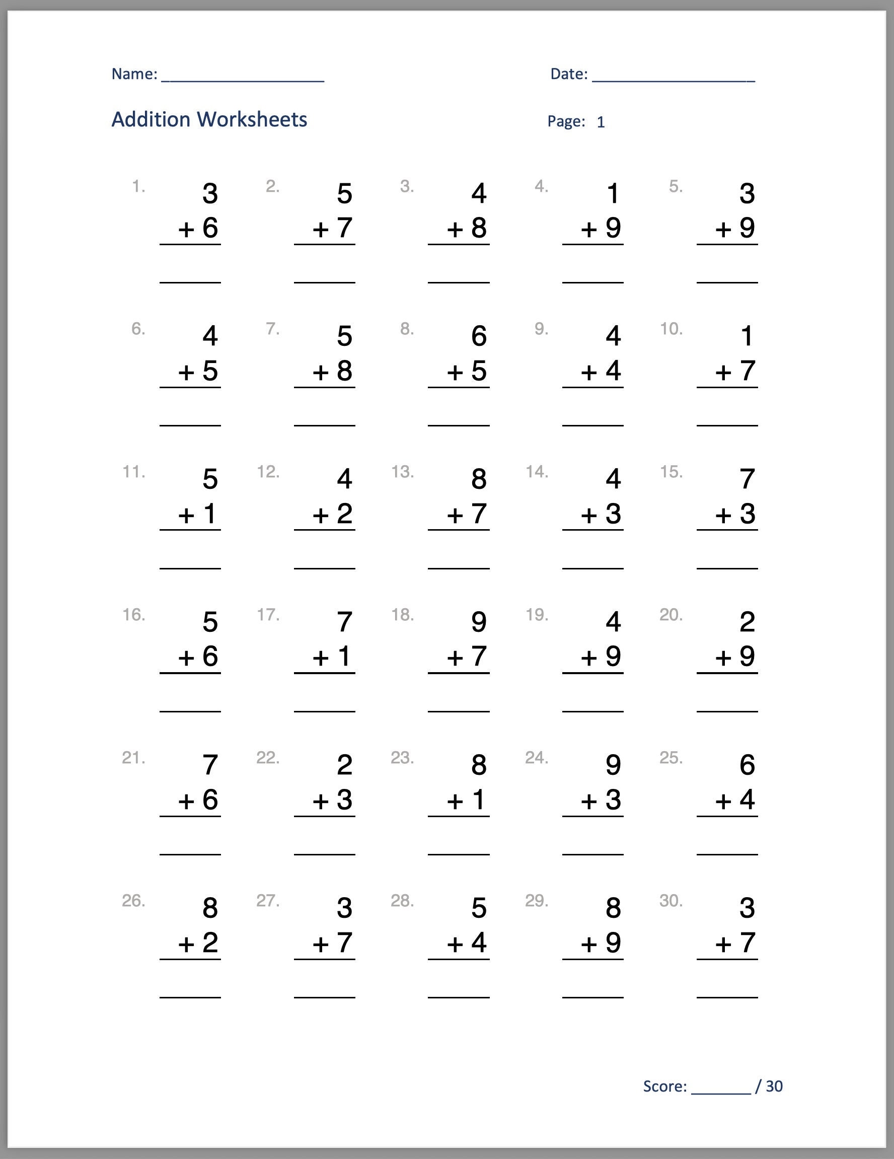 Digital Addition Worksheets, Single Digit Addition, 20 Pages ...