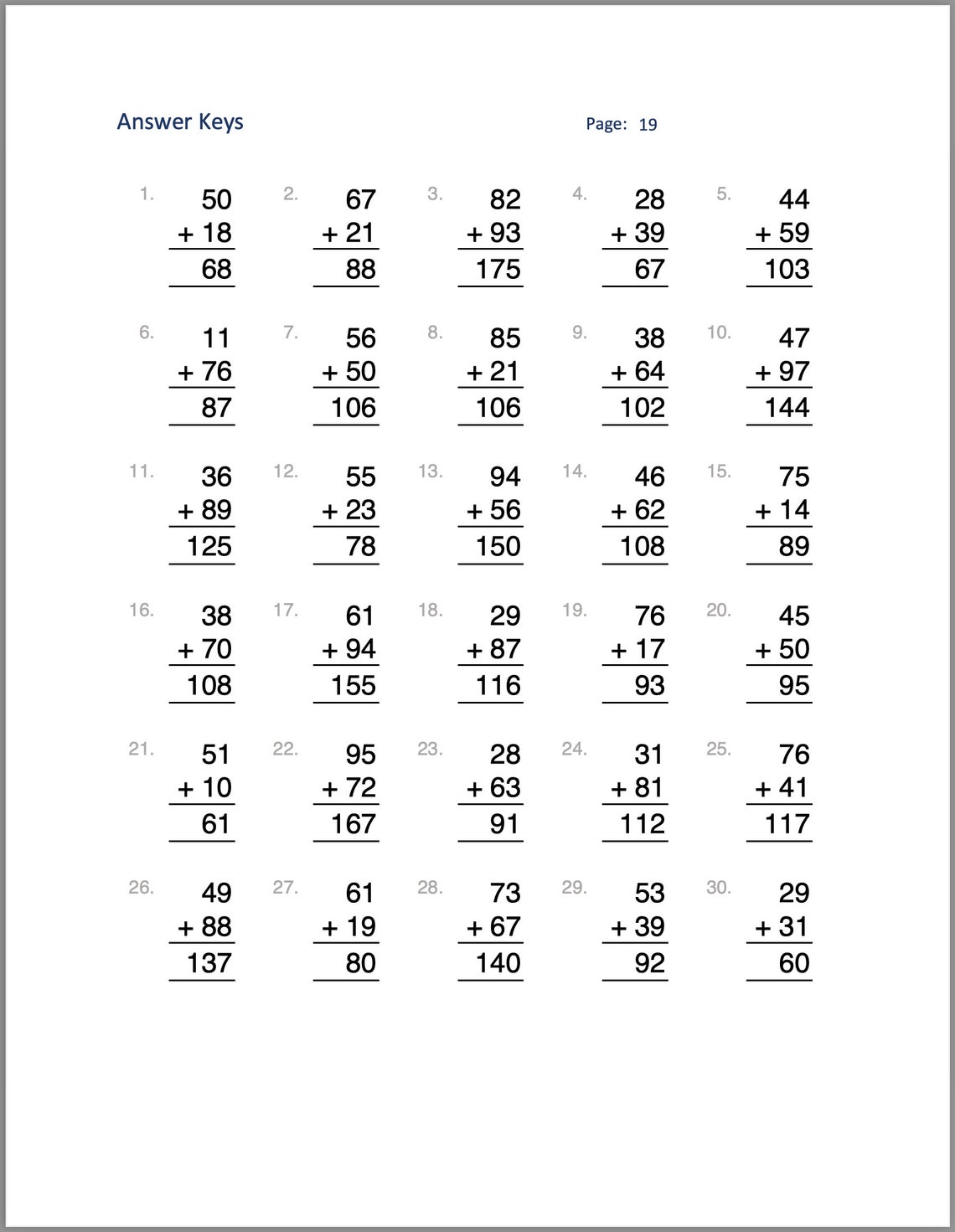 Two Digit Addition Worksheets, 20 Sheets of Practice, Printable Math ...