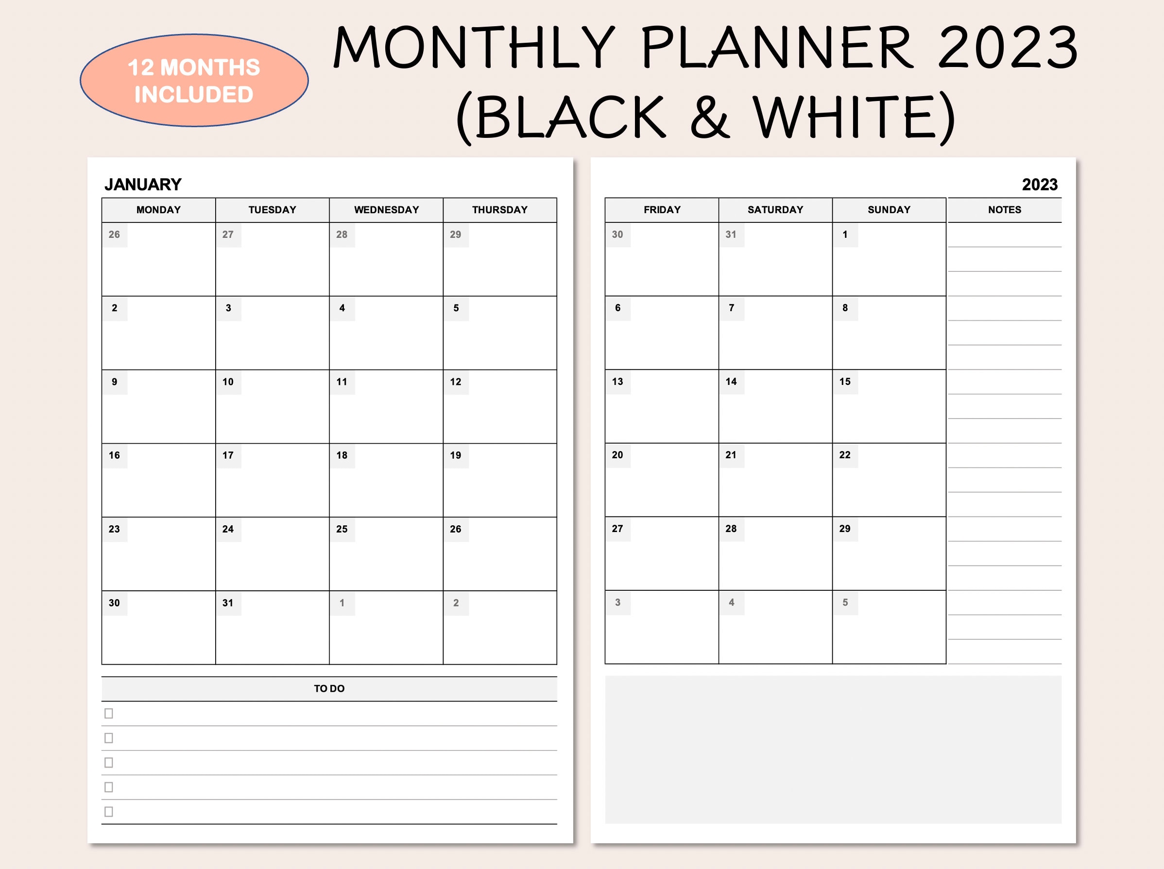 Printable Monthly Planner 2023 Month at A Glance Monthly - Etsy