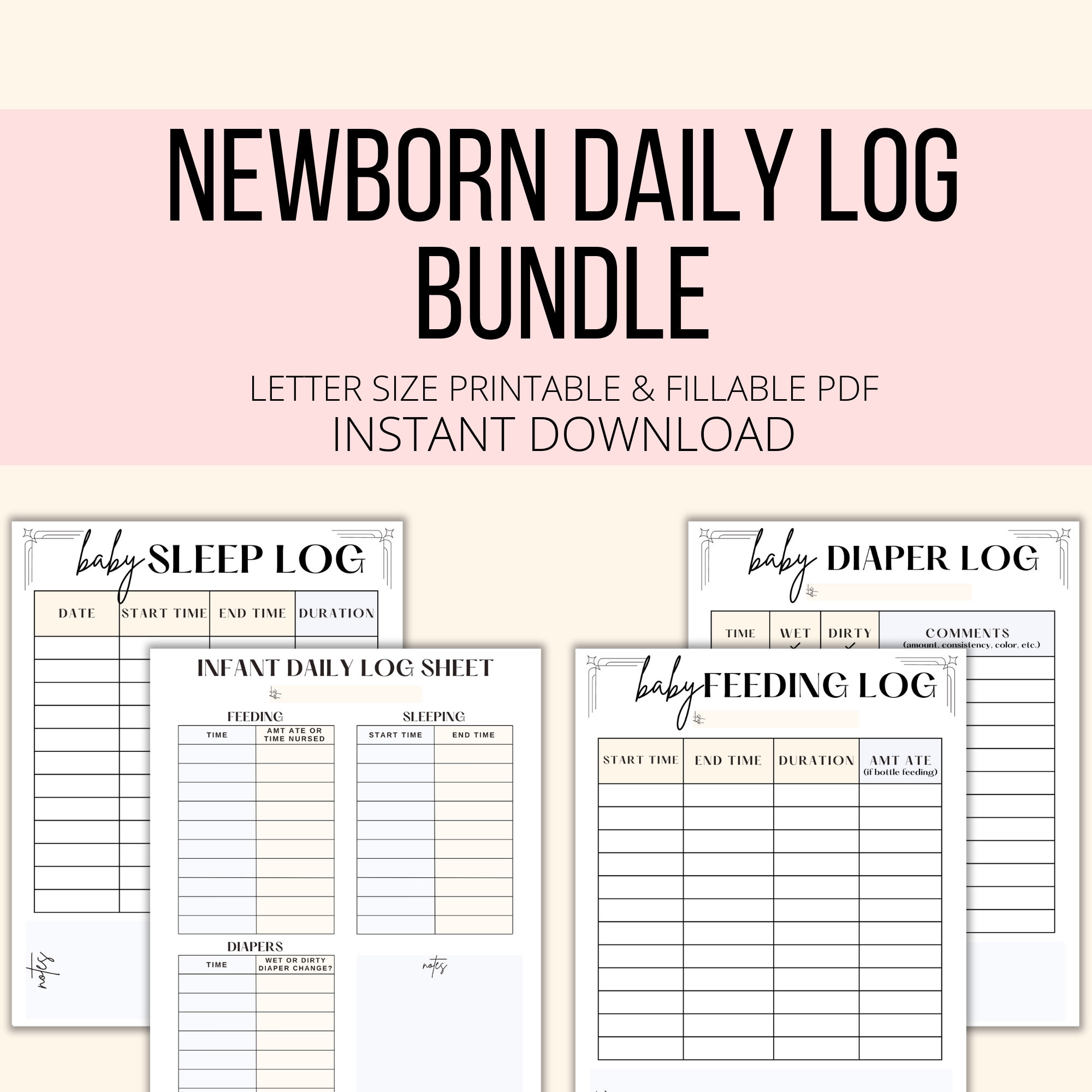 Newborn Daily Log Bundle Printable & Fillable PDF, Baby Care Logs ...