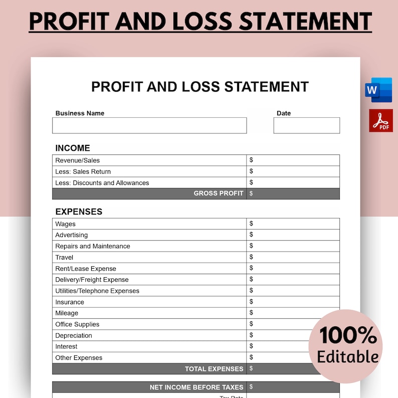 Profit and Loss Statement Template, Expense Report, Income Statement ...