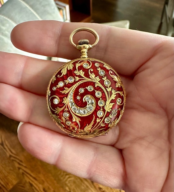 Antique 18ct Gold, Red Guillochè Enamel & Diamond 