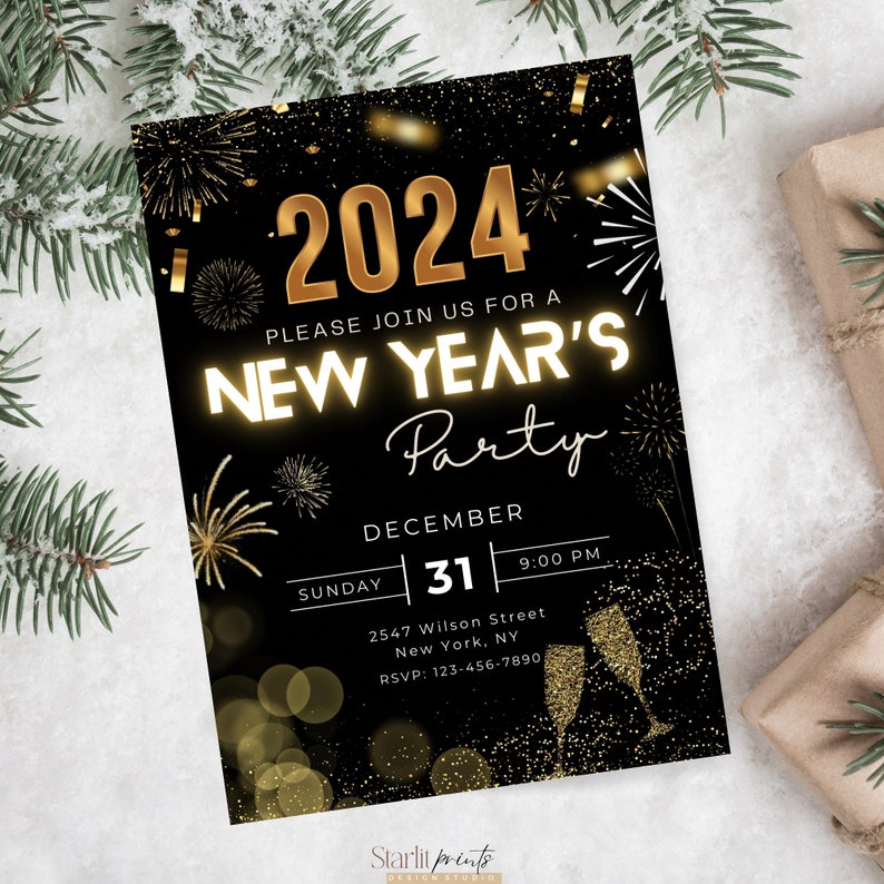 New Year's Eve Party Invitation Template, Confetti, New Years Party ...