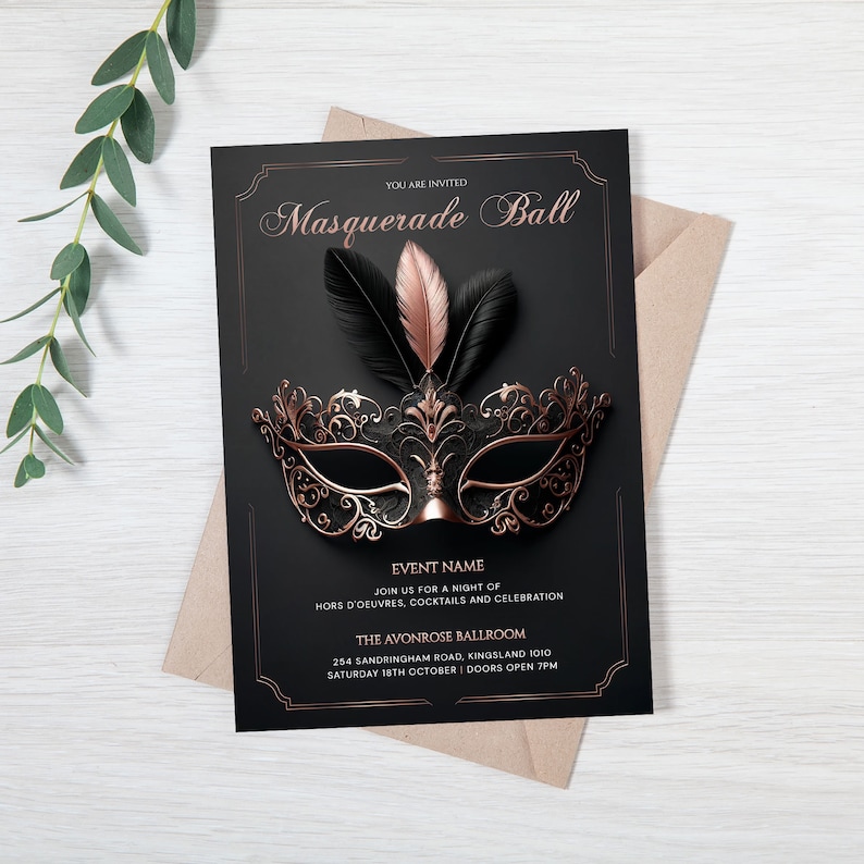 Masquerade Party Invitation in Rose Gold. Masquerade Ball Invite, Mask ...