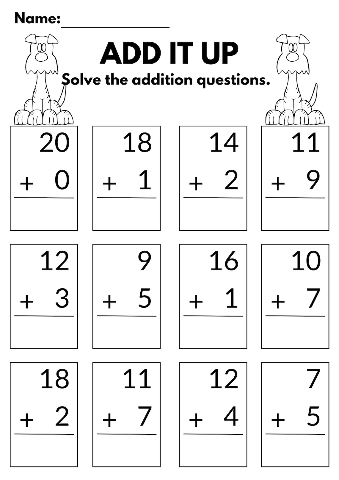 10 Printable Additition Worksheets, Numbers 1 to 20. Kindergarten 1st ...