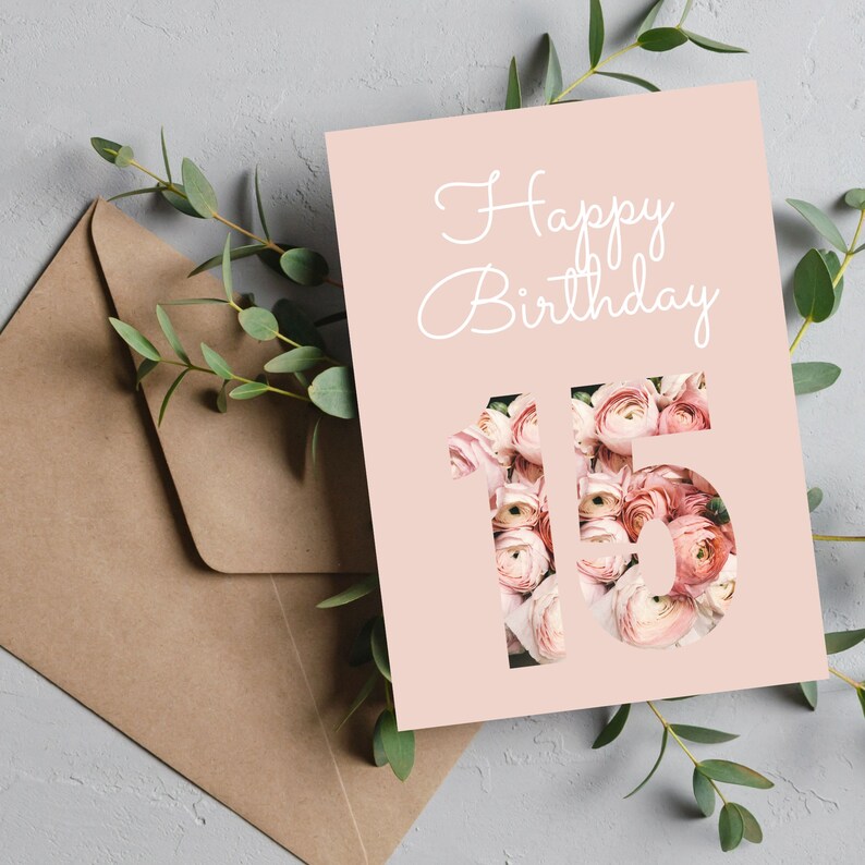 15th Birthday Card Digital Download Printable Pink Peonies Fifteen 