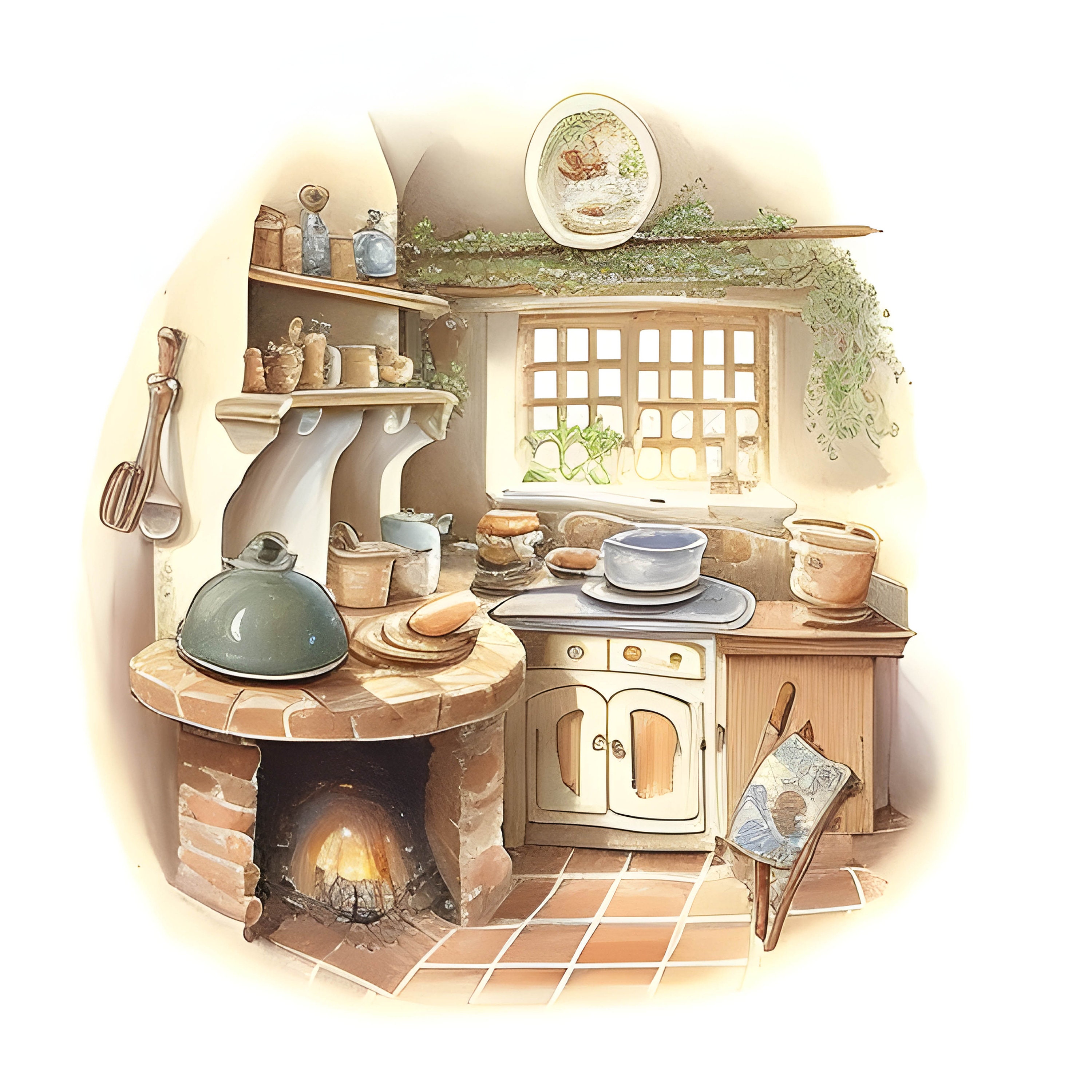 Watercolor Farm House Cottage Country Kitchen Clipart Cozy - Etsy