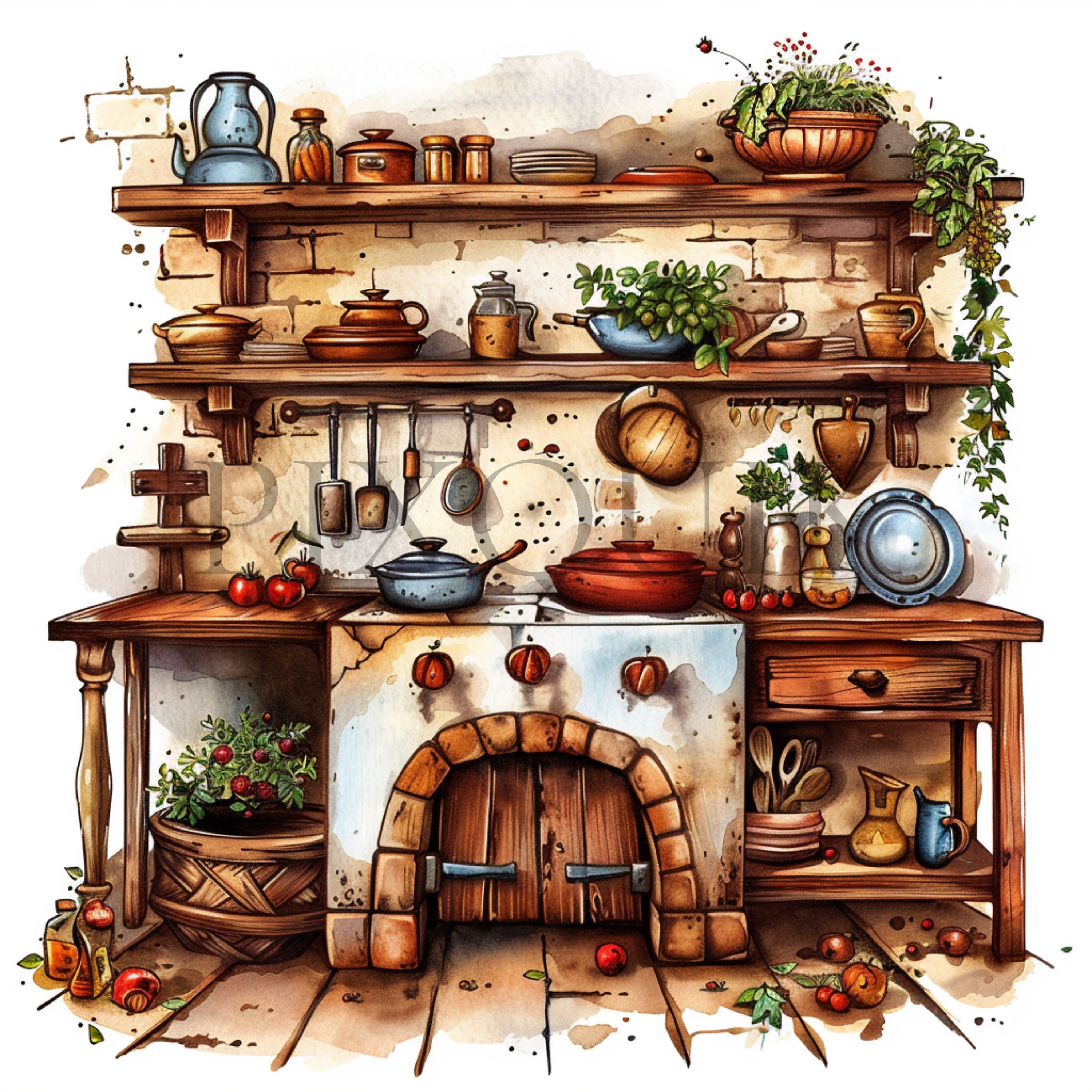 Watercolor Country Kitchen Clipart 10 High Quality JPG Rustic Vintage ...