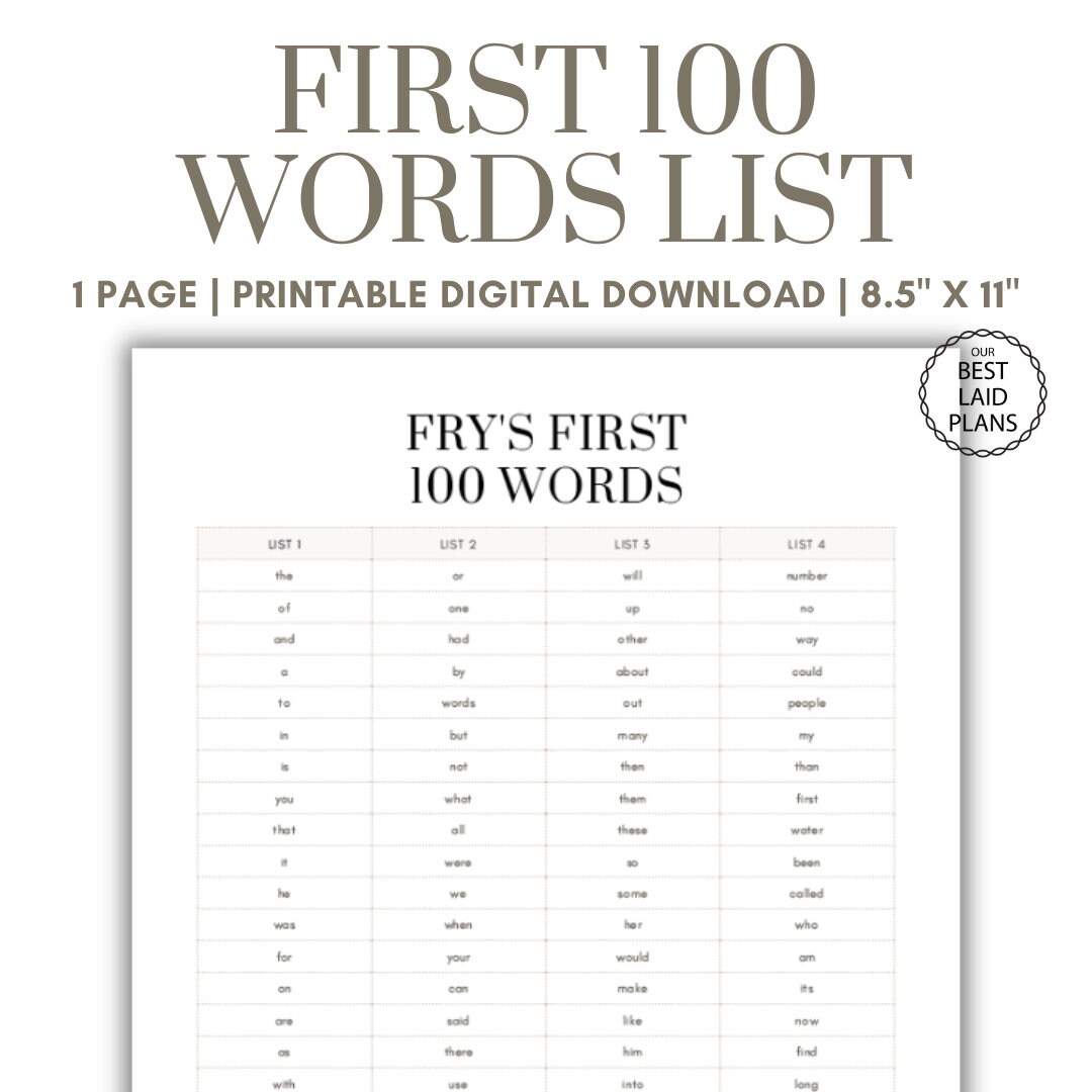 First 100 Words List Printable PDF Frys First 100 Sight Words 100 High ...