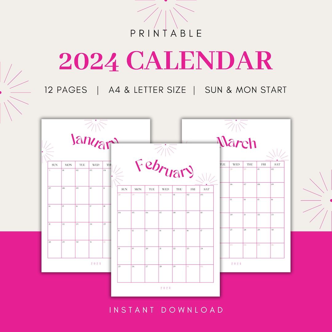 2024 Monthly Calendar Printable 2024 Sun and Mon Start Pink Gen Z ...