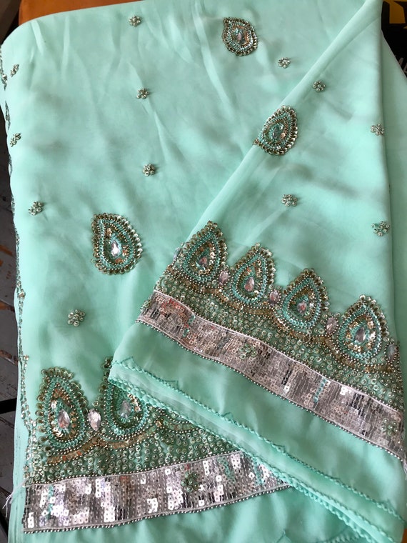 Beautiful Turquoise/Teal 2pc Beaded Sari - image 7