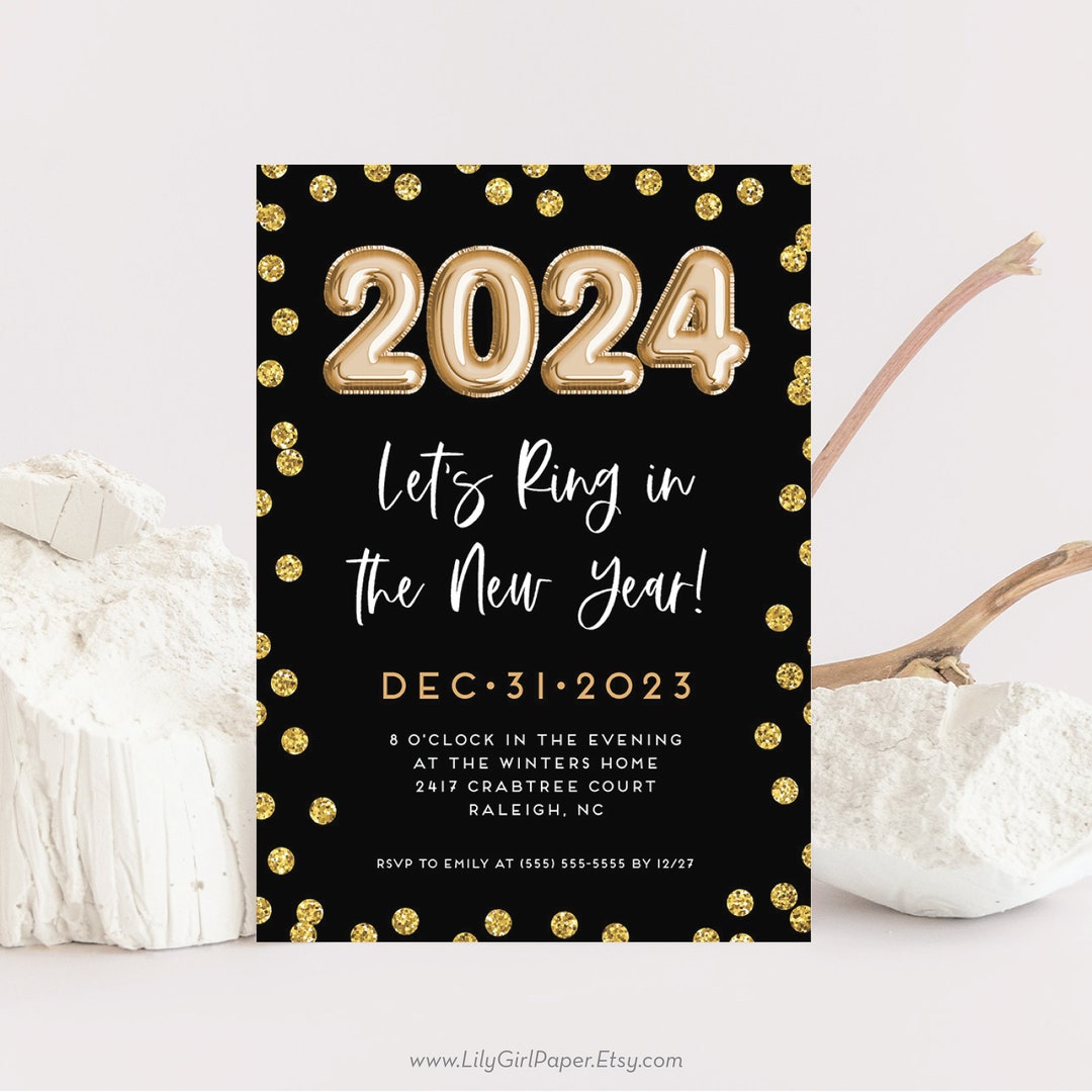 Editable 2024 New Year's Eve Party Invitation, Balloon Numbers & Gold ...