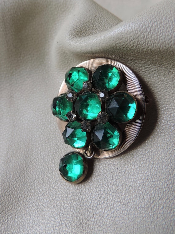 antique pin 10k gold mixed metal pin green stone … - image 1