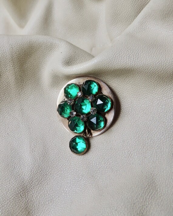 antique pin 10k gold mixed metal pin green stone … - image 4