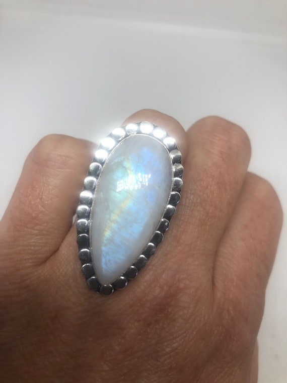 Vintage Genuine Blue White Rainbow Moonstone Ring - image 3