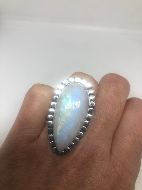 Vintage Genuine Blue White Rainbow Moonstone Ring - image 6