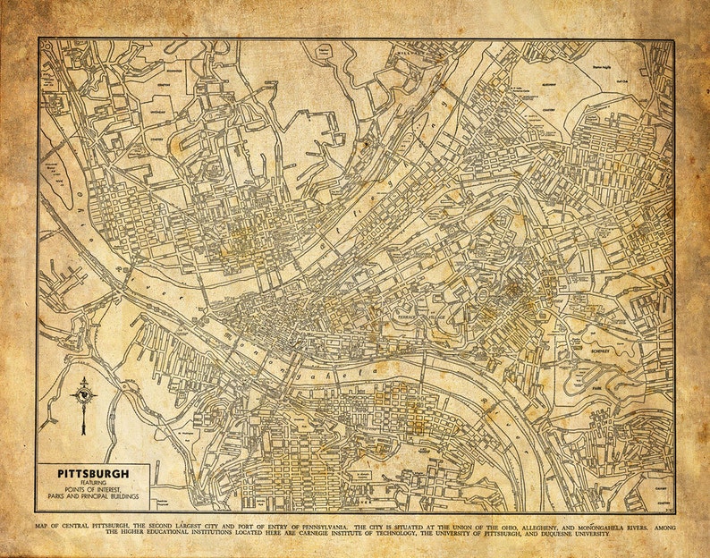 Pittsburgh Map Street Map Vintage Grunge Sepia Print Poster - Etsy