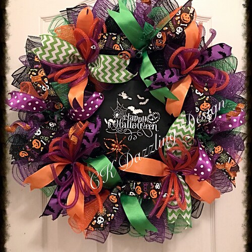 Halloween Purple Orange and Black Deco Mesh Wreath/happy - Etsy