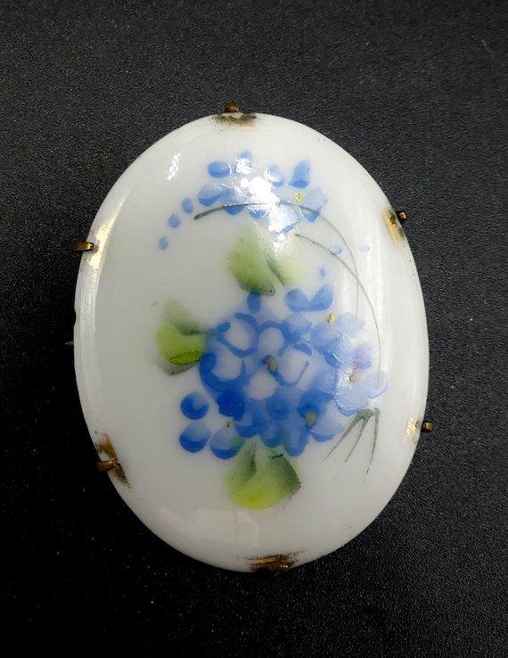 Antique brass hand painted porcelain oval brooch - image 1