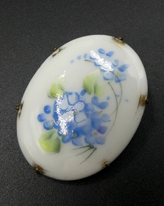 Antique brass hand painted porcelain oval brooch - image 2