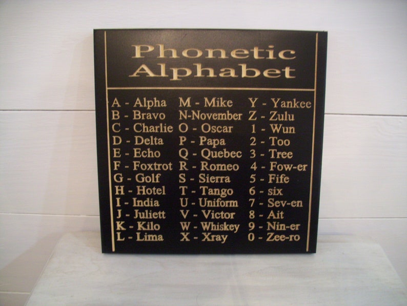 Phonetic Alphabet Sign Engraved Into 10 by 10 by 3/4 Select Pine Board ...