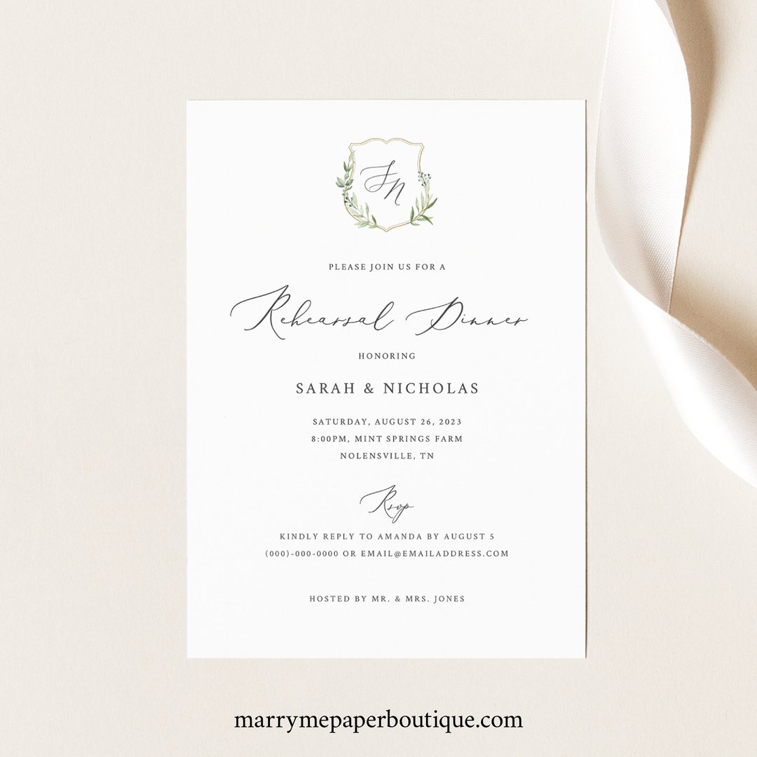 Rehearsal Dinner Invitation Template Greenery Wedding Crest - Etsy