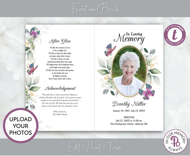 Colorful Butterfly Funeral Program Obituary Template - Etsy