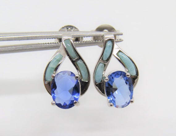 Vintage Sterling Silver Larimar & Tanzanite Earri… - image 1