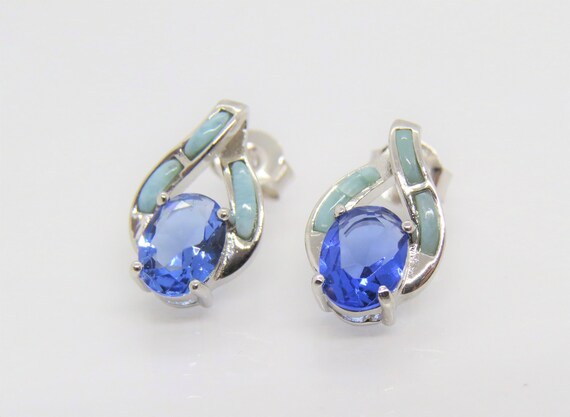 Vintage Sterling Silver Larimar & Tanzanite Earri… - image 3